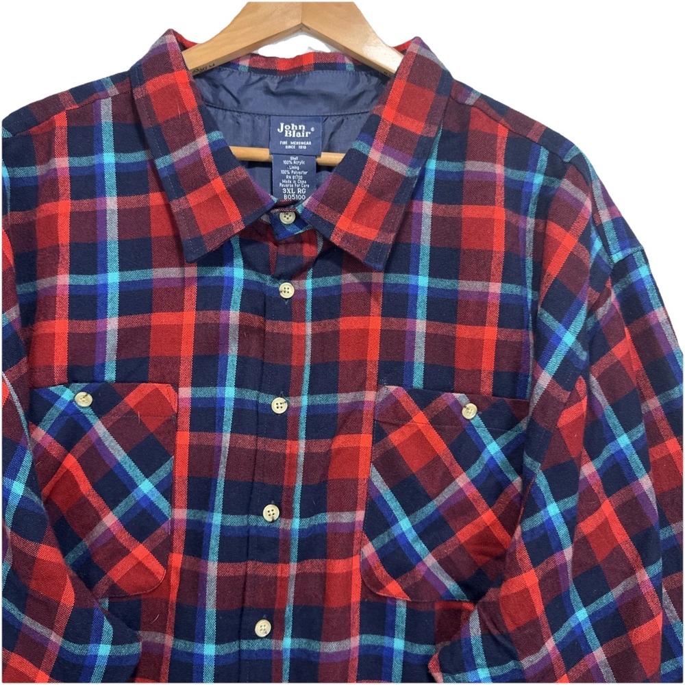 3XL Flannel John Blair RedBlue  tartan Plaid Button‎ Down Shirt Rugged Classic